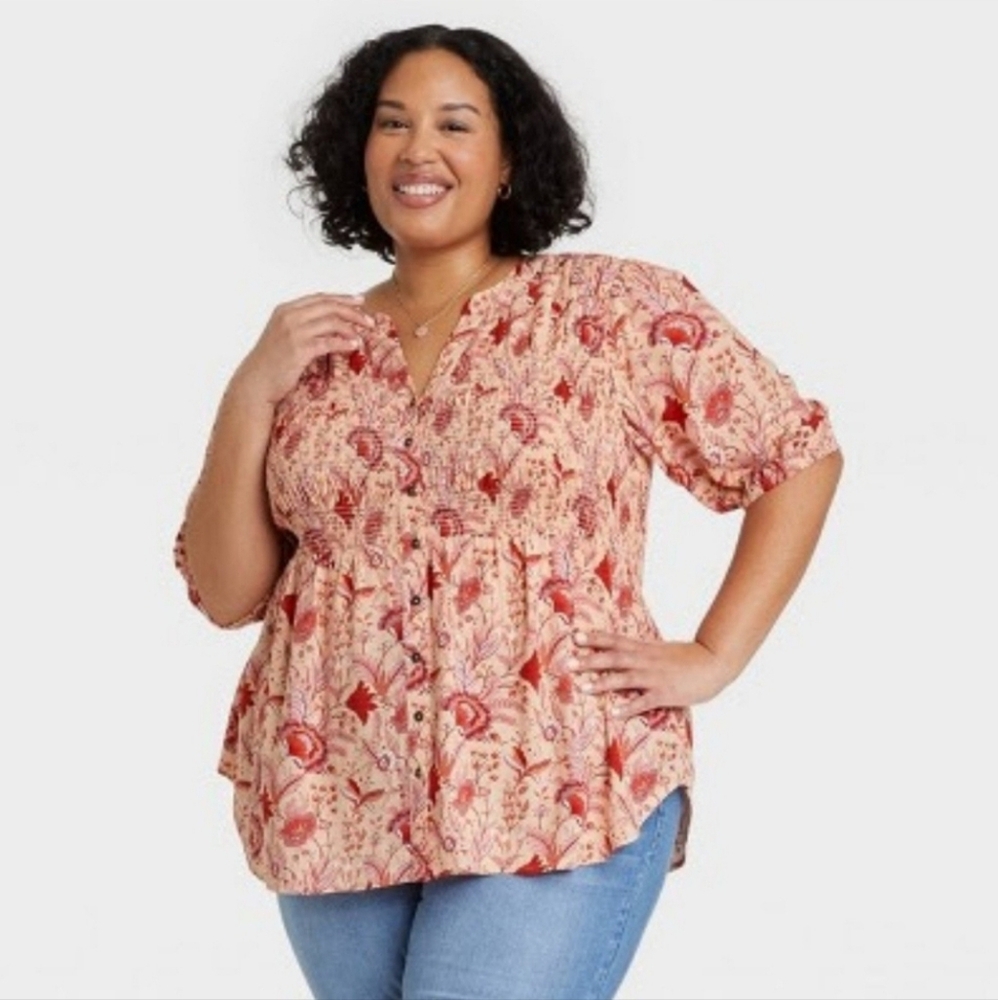 Knox rose plus size pink babydoll smocked gauze top size 3x